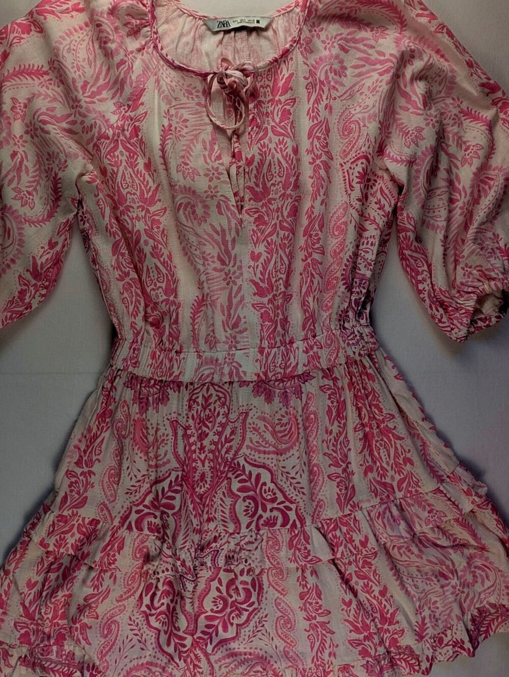 Zara Pink and White Floral Girly Patterned Dress with Tie Neck Size S - Picture 7 of 8